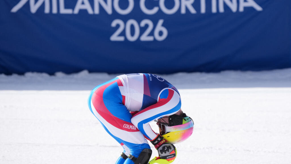 France's Clement Noel reacts in the finish area after competing in the slalom run of the men's team combined alpine skiing event during the Milano Cortina 2026 Winter Olympic Games at the Stelvio Ski Centre in Bormio (Valtellina) on February 9, 2026.