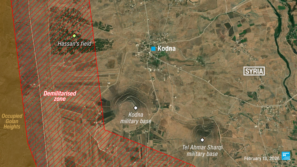 This is a map showing the village of Kodna, located in Quneitra countryside. You can see the Israeli military bases that have been built on Syrian land as well as where Hassan’s field is located.