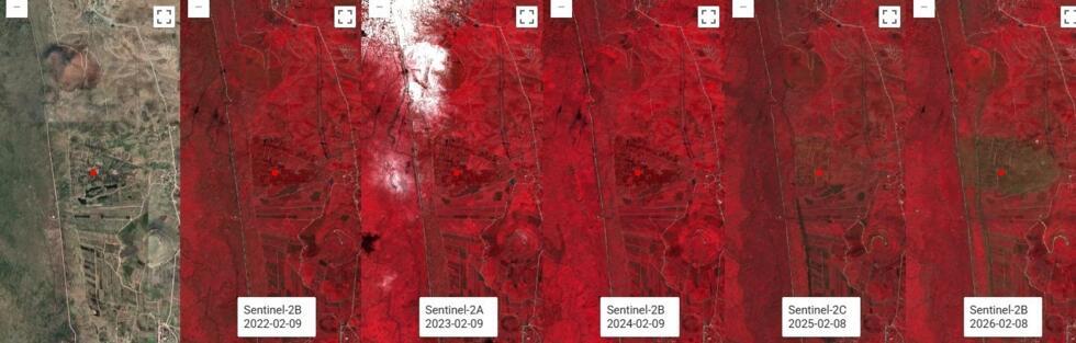 This is a series of Sentinel-2 satellite images captured in infrared that were taken of Kodna located east of the Alpha line. They were gathered by He Yin. By examining the images, you can see that th