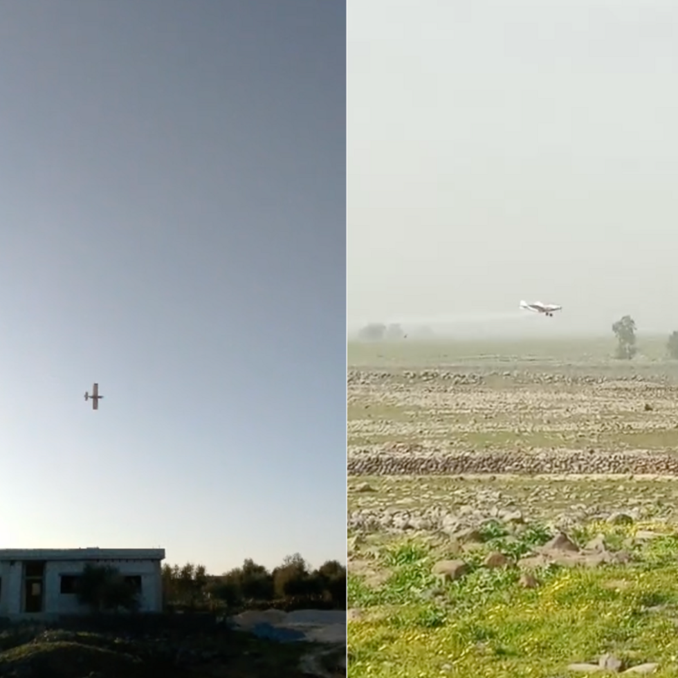 At left, an Israeli plane flies during an operation where it sprayed chemical substances to the west of the village of Kodna in Quneitra, Syria, on February 1, 2026. At right, an Israeli plane sprays