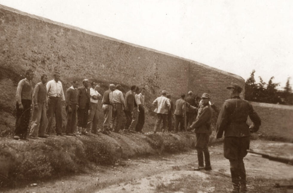 This photograph depicts the very last moments of some 200 Greek communist resistance fighters prior to their execution by Nazis in the Athenian suburb of Kaisariani, on May 1, 1944