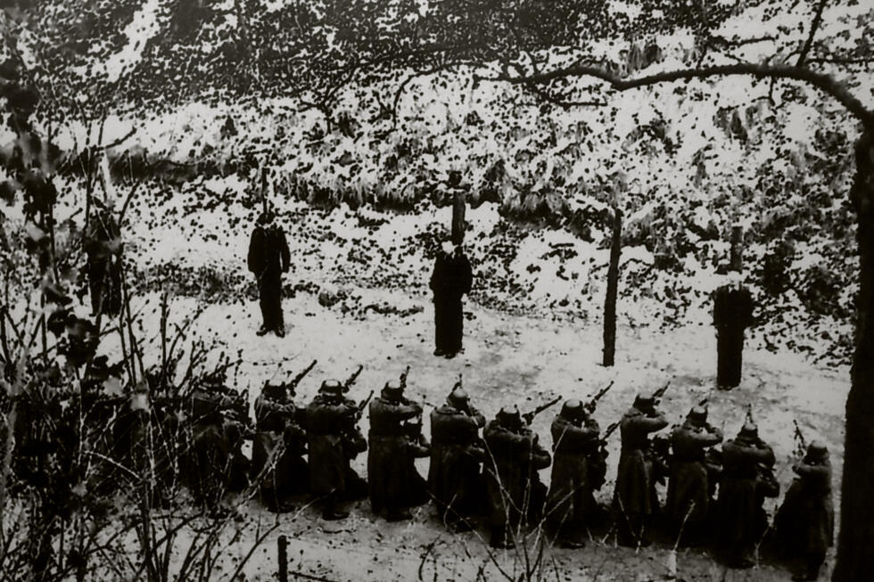 A photo taken secretly by a German soldier on February 21, 1944, shows the executions of French resistance fighters Georges Cloarec, Rino Della Negra, Cesar Lucarini and Antonio Salvadori