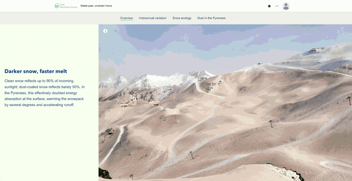 Example of a section of the snow-themed Snapshots story, showcasing the rapid onset of wet snow (pink) in the Pyrenees after dust from the Sahara Desert was carried to Europe deposited in the mountains.