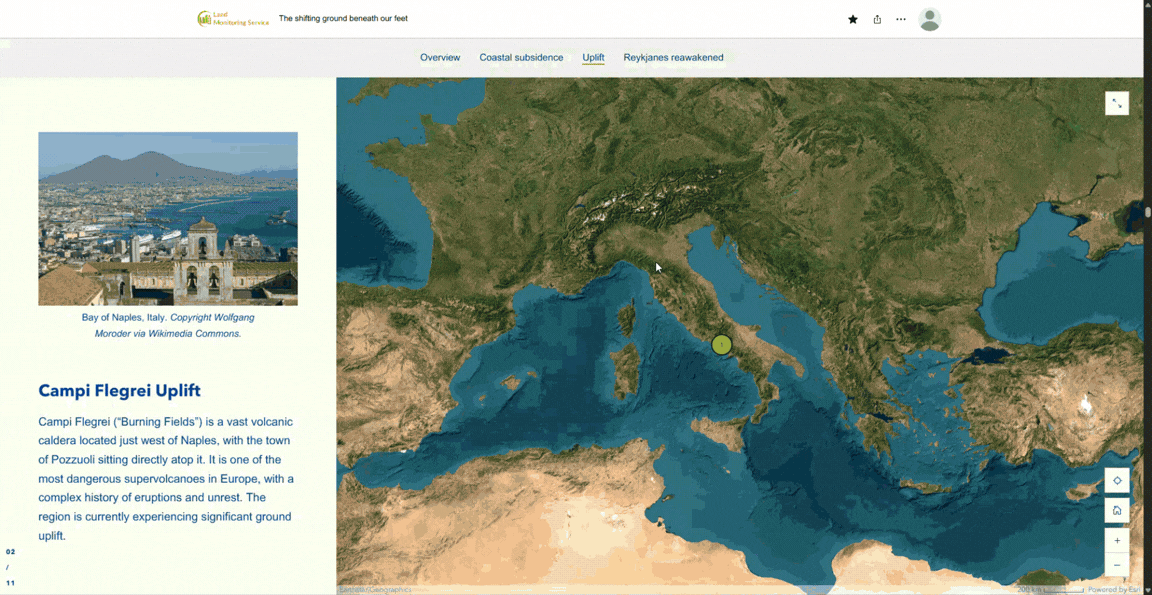Example of a section of the ground motion-themed Snapshots story, showcasing uplift (bluer colours) in Campi Flegrei, Italy.