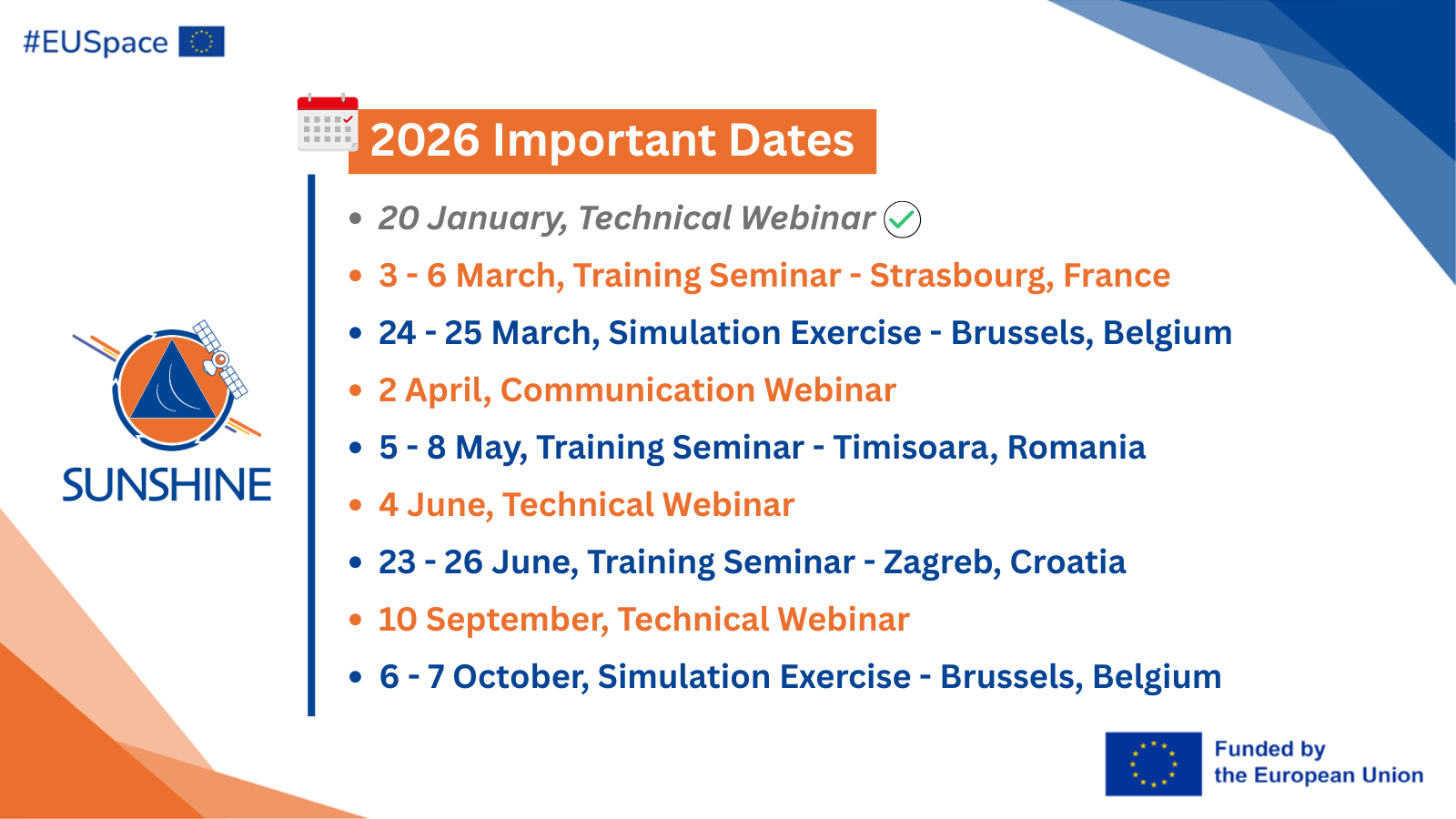 List of important dates of the SUNSHINE capacity building programme for 2026.