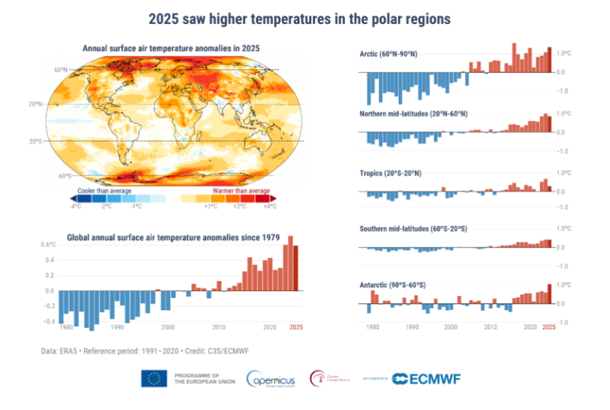 Visualisation of 2025 global temperature anomalies, showing amplified warming across polar regions.