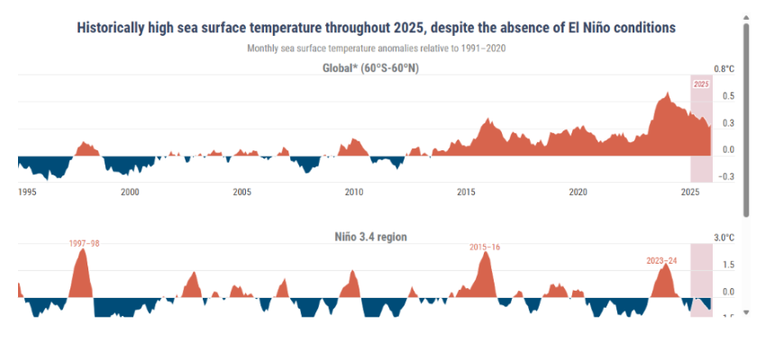 Graphs showing that monthly sea surface temperature (SST) anomalies averaged over the extra-polar ocean 