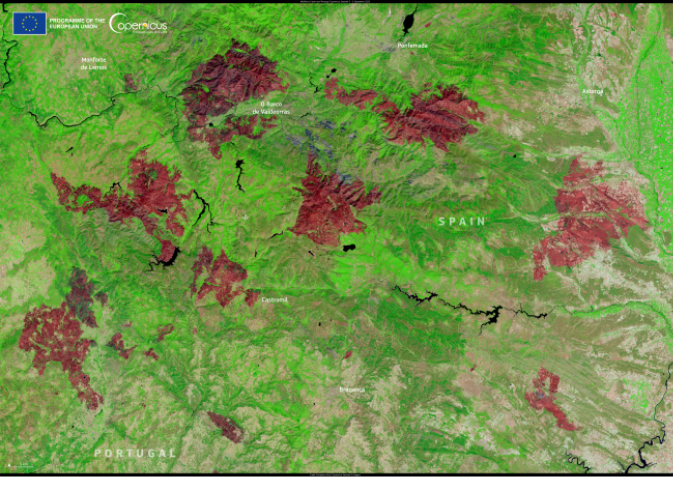 Wildfire burn scars along the Spain–Portugal border