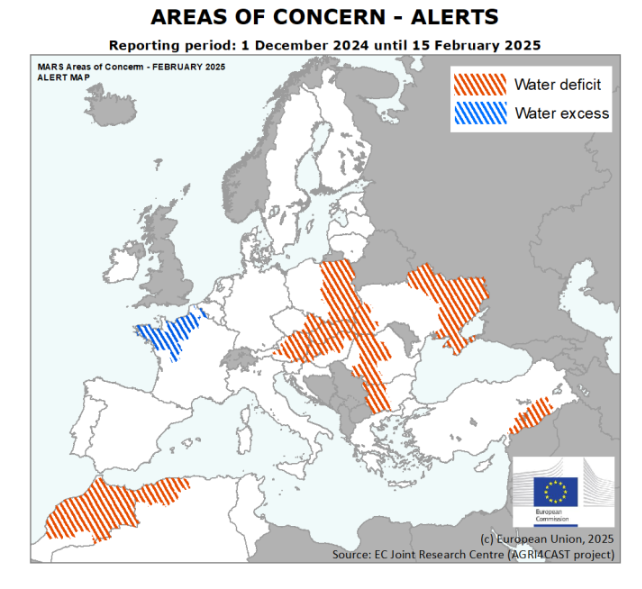 Map of Europe titled “Areas of Concern – Alerts” for the reporting period 1 December 2024 to 15 February 2025. Countries are shown in grey and white, with highlighted regions overlaid by diagonal stripes. Orange stripes indicate areas of water deficit across parts of Eastern and Southeastern Europe, southern Italy, and southern Spain. Blue stripes indicate areas of water excess in parts of western France. A legend explains the colour coding, and the source is the European Commission Joint Research Centre (AGRI4CAST project).