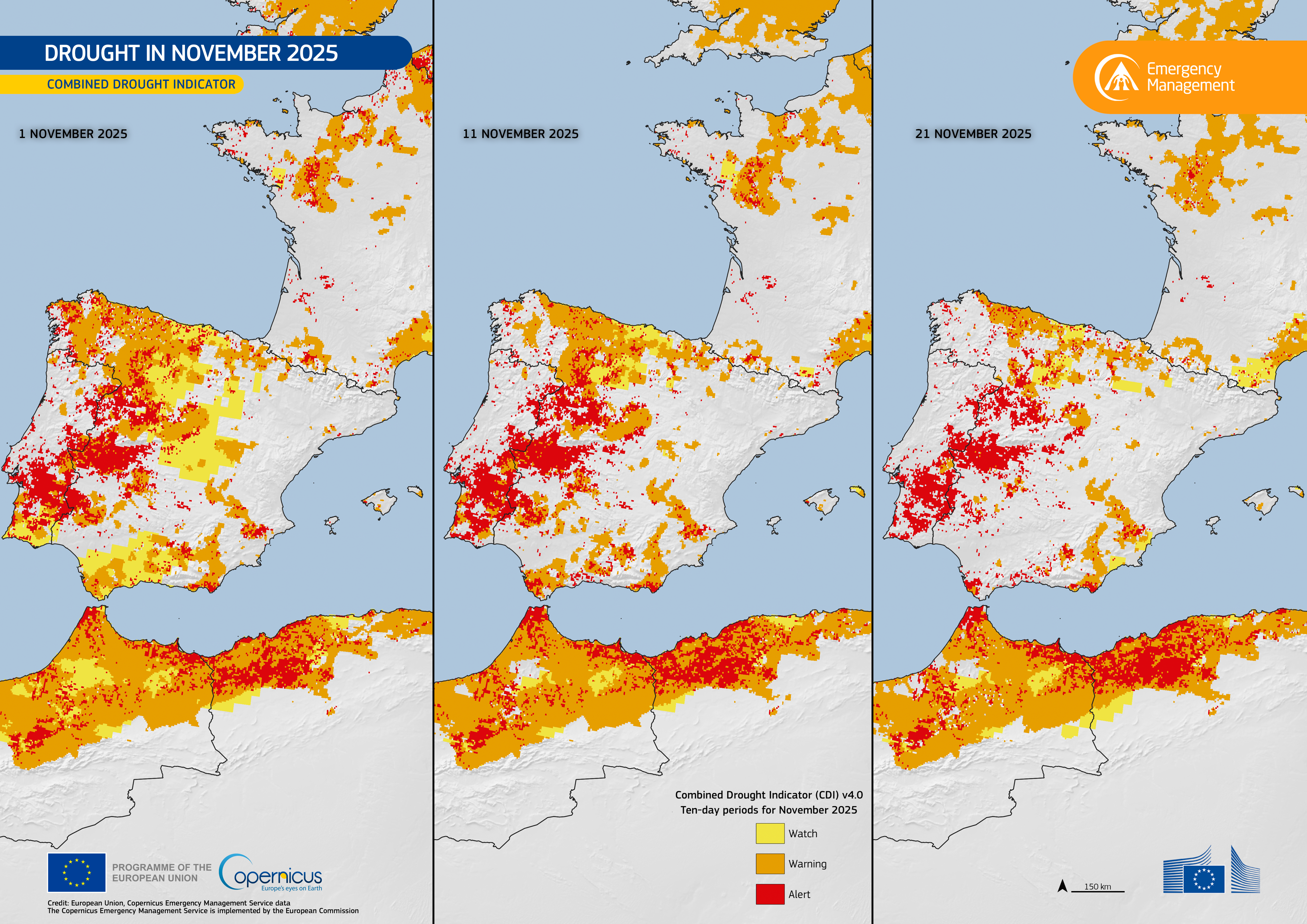 Three-panel map showing drought conditions across parts of Europe and North Africa during November 2025, produced by the Copernicus Emergency Management Service. Each panel represents a ten-day period (1, 11, and 21 November). The maps use colors to indicate drought severity: yellow for “watch,” orange for “warning,” and red for “alert.” The maps show worsening drought conditions, especially across Spain, Portugal, and northern Morocco, where large red areas expand over time. France and southern England also show localized yellow and orange drought zones. The European Union and Copernicus logos appear at the bottom.