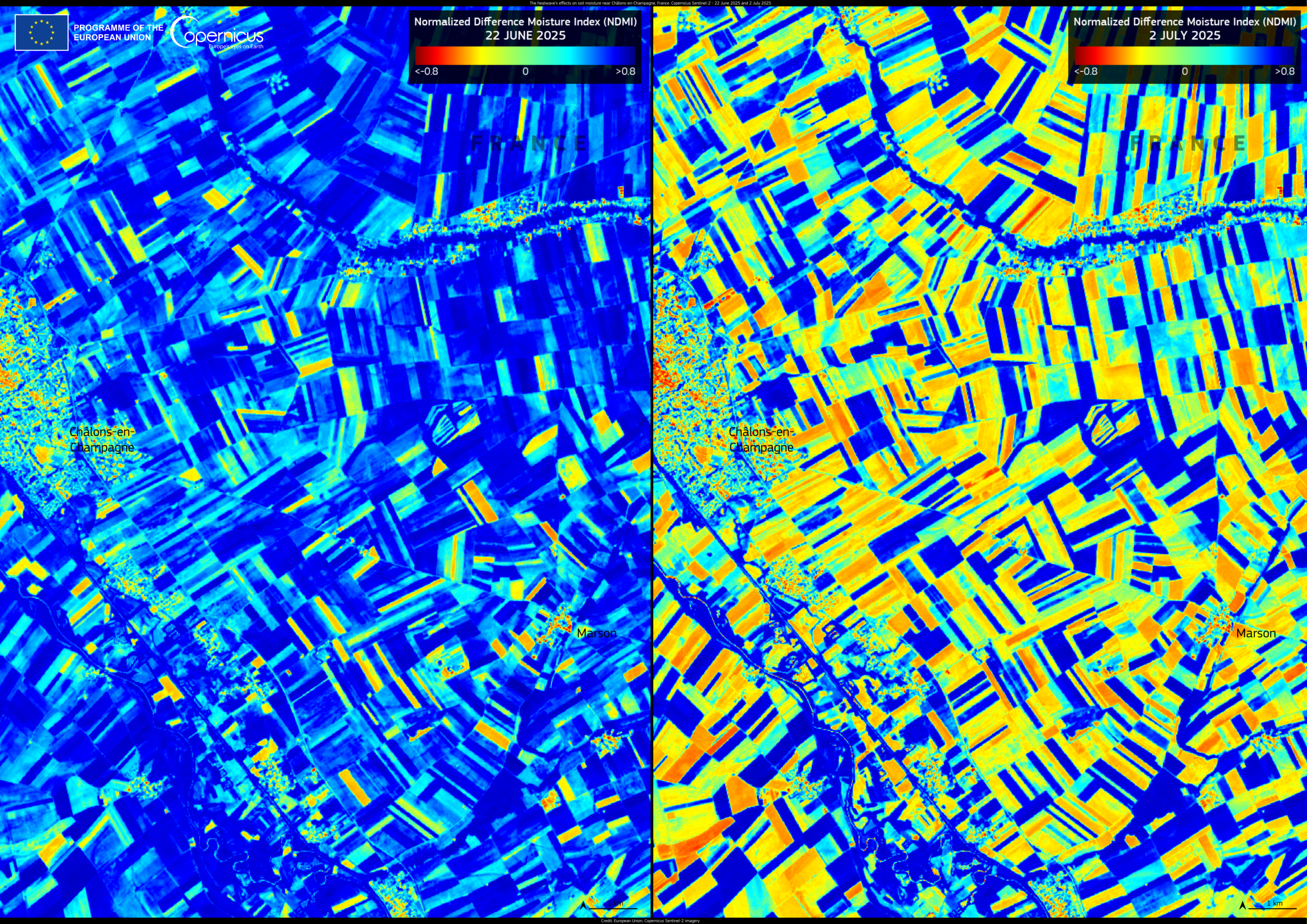 Two satellite images comparing the Normalized Difference Moisture Index (NDMI) around Châlons-en-Champagne, France, on 22 June 2025 (left) and 2 July 2025 (right). The color scale ranges from dark blue (low moisture) to bright yellow and green (high moisture). The left image is predominantly dark blue, indicating very low soil moisture, while the right image shows more yellow and green areas, reflecting increased moisture levels. Fields, roads, and rivers are visible, highlighting changes in surface moisture over the ten-day period. Logos of the European Union and Copernicus appear in the top left.