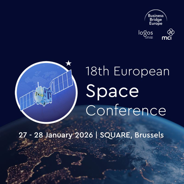 Promotional banner for the 18th European Space Conference, featuring an illustrated Earth from space with city lights, a satellite in orbit, and event details reading “27–28 January 2026 | SQUARE, Brussels,”