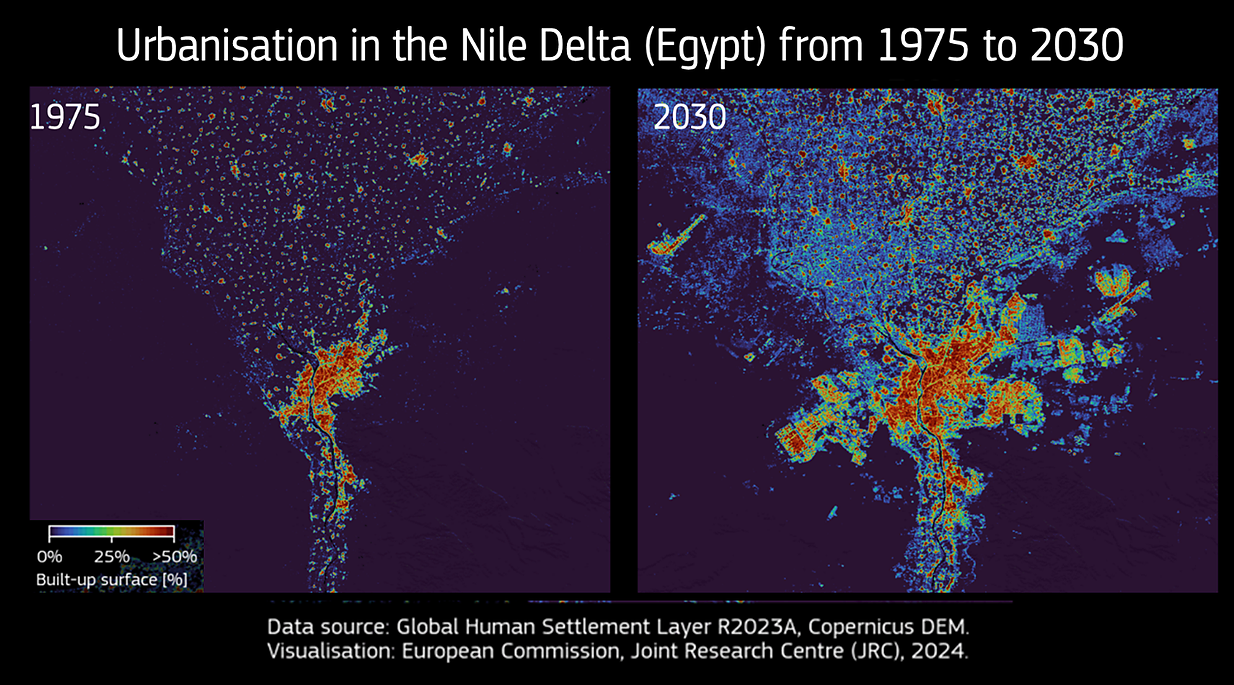 GHSL data showing built-up areas in the Nile Delta