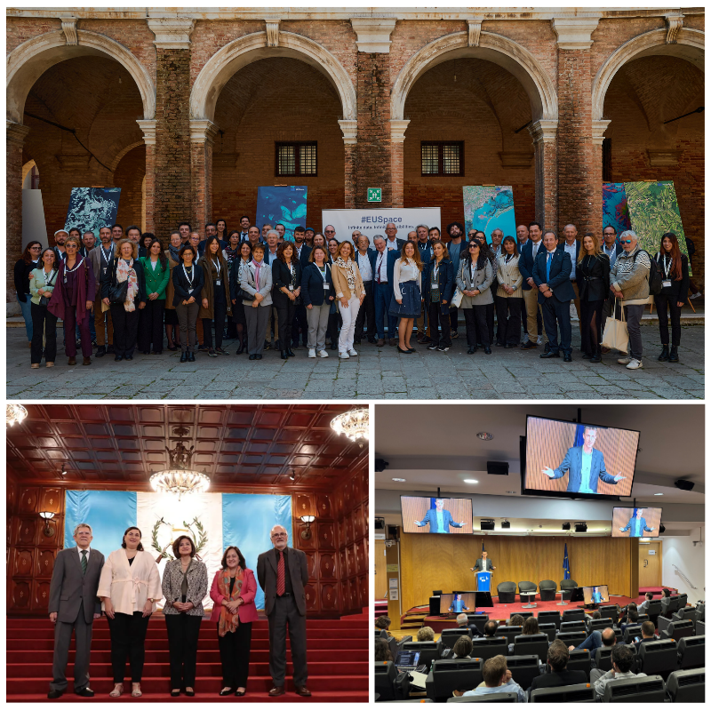 Collage of three images showing a large group photo at an outdoor event, a small group standing for a formal photo, and a speaker addressing an audience in a conference hall.