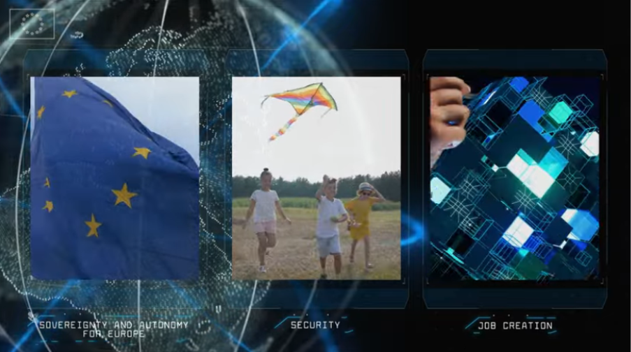 Three side-by-side visuals depict the European Union flag, families outdoors, and a digital infrastructure graphic, symbolising the link between secure satellite connectivity, societal resilience, and technological systems.