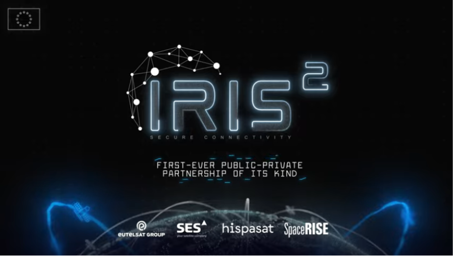 Logo for IRIS² Secure Connectivity, described as the first-ever public-private partnership of its kind. The image shows a stylized network graphic above the text, with logos of Eutelsat Group, SES, Hispasat, and SpaceRise beneath, against a dark space-themed background with Earth and satellites.