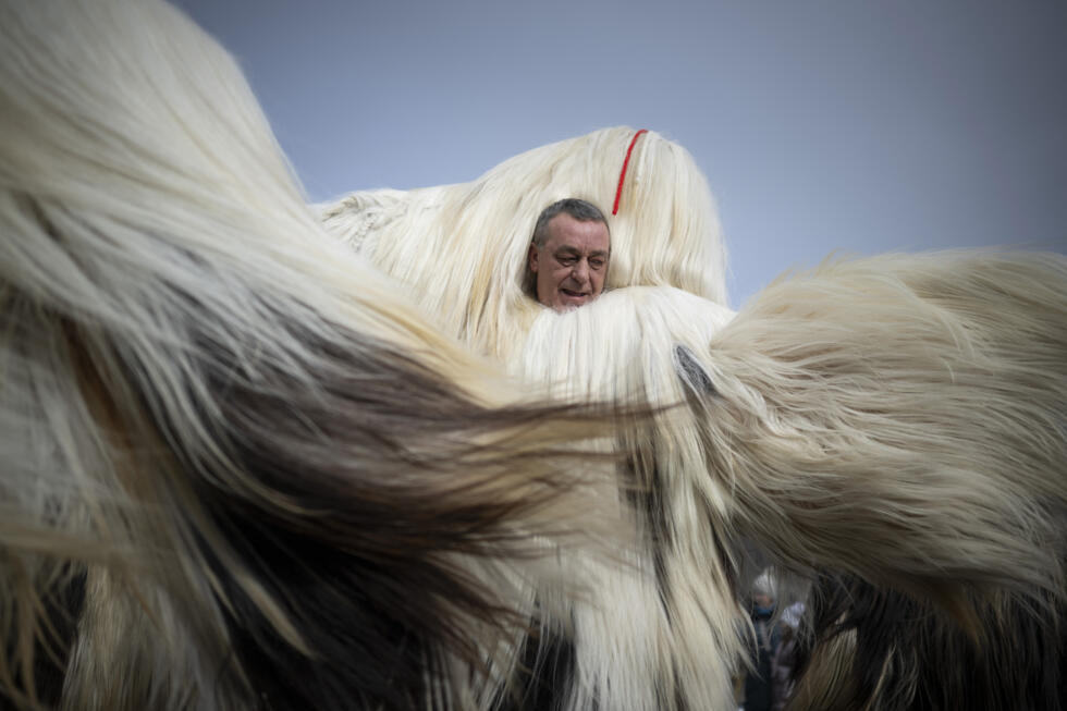 A dancer wearing costume made of goat hair, known as Kukeri, performs during the International Festival of the Masquerade Games in Pernik, western Bulgaria.