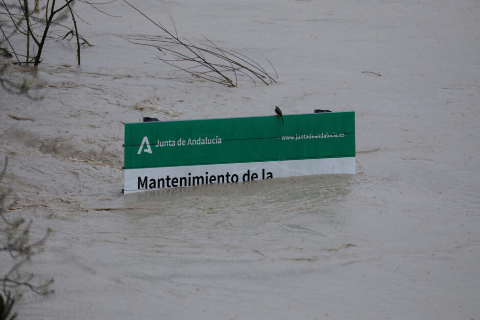 A flooded information panel of the Ansalusian government.