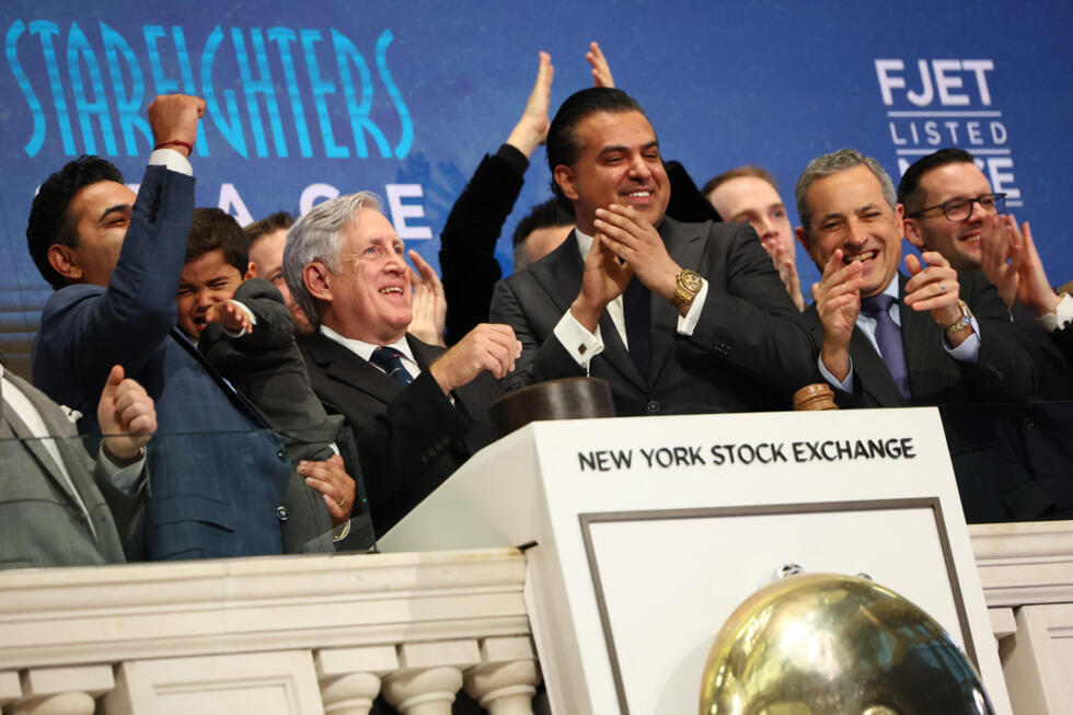 Tim Franta, Starfighters SpaceDirector & VP Development, celebrates the ringing of the opening bell at the New York Stock Exchange during morning trading on February 20, 2026 in New York City.