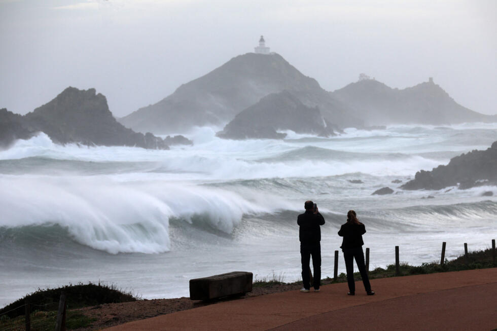 The Sanguinaires Islands seen as waves crash onto shore near Ajaccio on the French Mediterranean island of Corsica.
