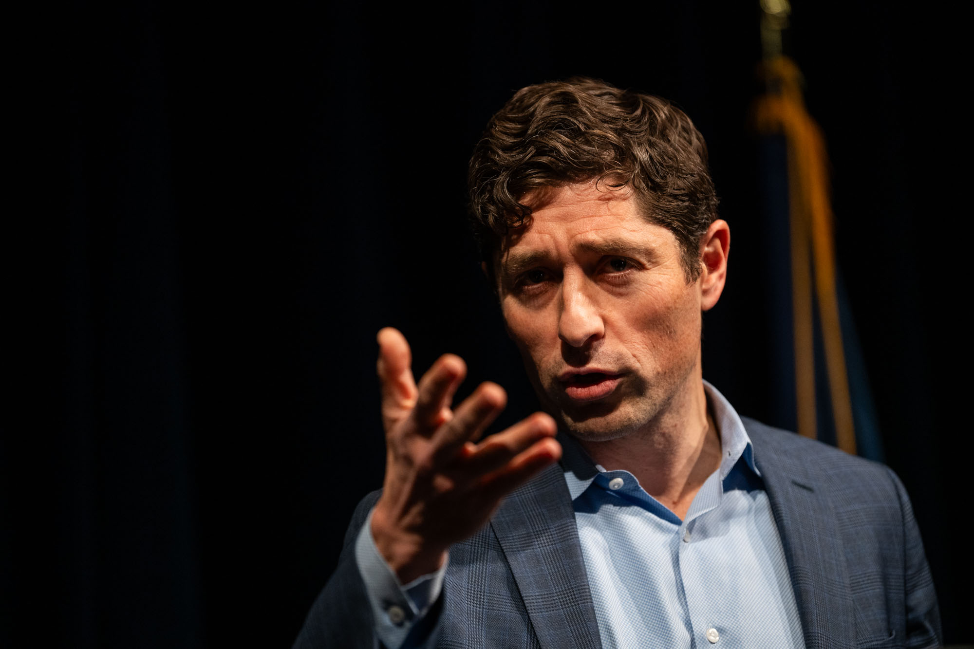 Minneapolis Mayor Jacob Frey speaks during a press conference on January 22, 2026 in Minneapolis, Minnesota. Frey and other local officials have been criticized by the Trump administration during the recent surge of federal agents into the area. 