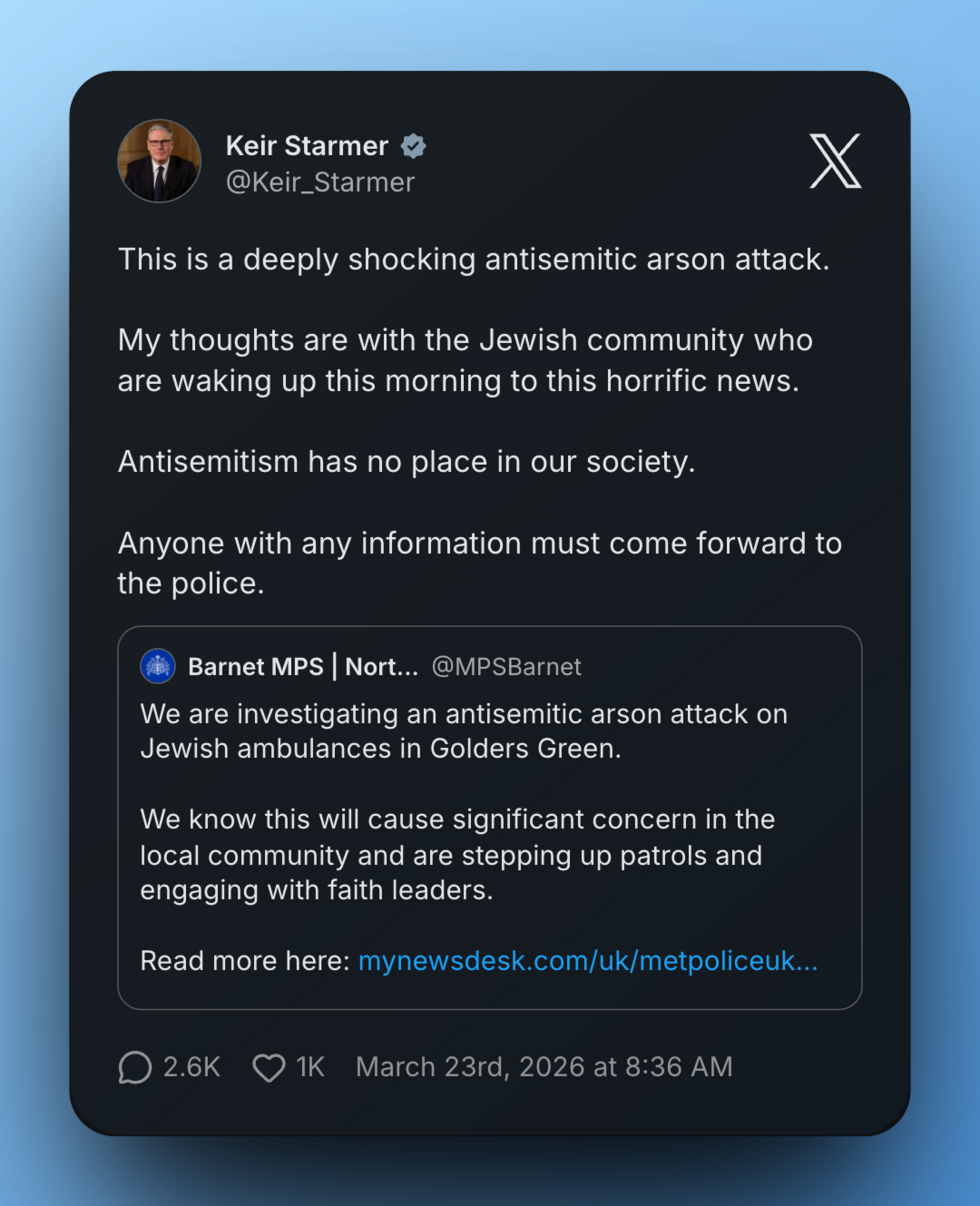 "Antisemitism has no place in our society," Starmer posted on X.