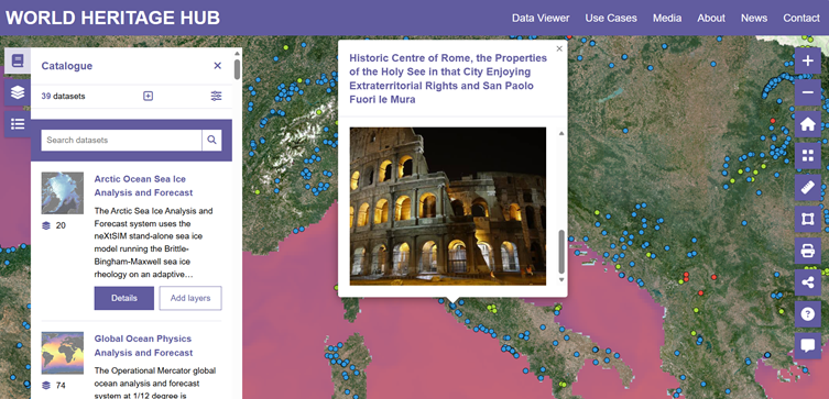 Screenshot of the World Heritage Hub data viewer showing a map centred on Italy with heritage site markers. A pop-up highlights the Historic Centre of Rome with a photo of the Colosseum and links to related datasets.