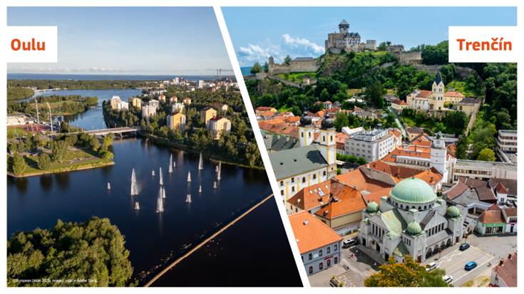 A visual showing the two European Capitals of Culture for 2026: Oulu in Finland, and Trenčín in Slovakia.
