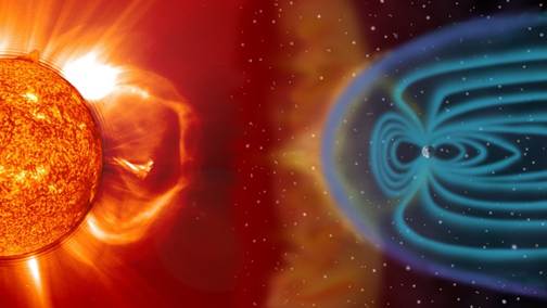 n illustration showing the Sun on the left and the Earth on the right. The Sun features an explosion, and a seemingly enormous arc of solar matter is expelled from the Sun’s surface towards space. Particles and solar wind are represented in orange, and reach the magnetic shield surrounding the Earth, represented by blue lines engulfing the planet in a protective layer that prevents harmful solar wind to damage it.   