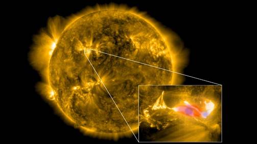 n image showing the Sun seemingly expelling matter at various places on the surface and on its periphery. On the right-hand side of the image, a small area of the Sun is enlarged as a close-up showing a patch of red colour adjacent to a smaller patch of blue.