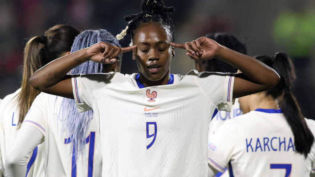 France's forward #09 Melvine Malard celebrates scoring the team's second goal during Women's World Cup 2027 Group A2 Qualifier football match between Ireland and France at Tallaght Stadium in Ireland