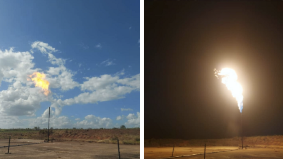 Two photos of the same site show gas flaring in the Venezuelan state of Monagas in late February 2026.