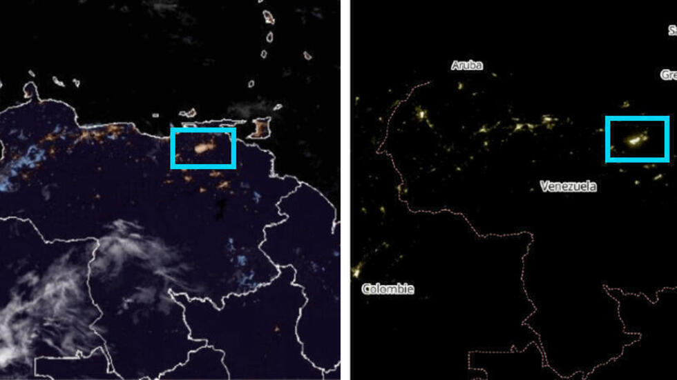 In these satellite images, you can see the light emitted in the Venezuelan state of Monagas (outlined in blue).