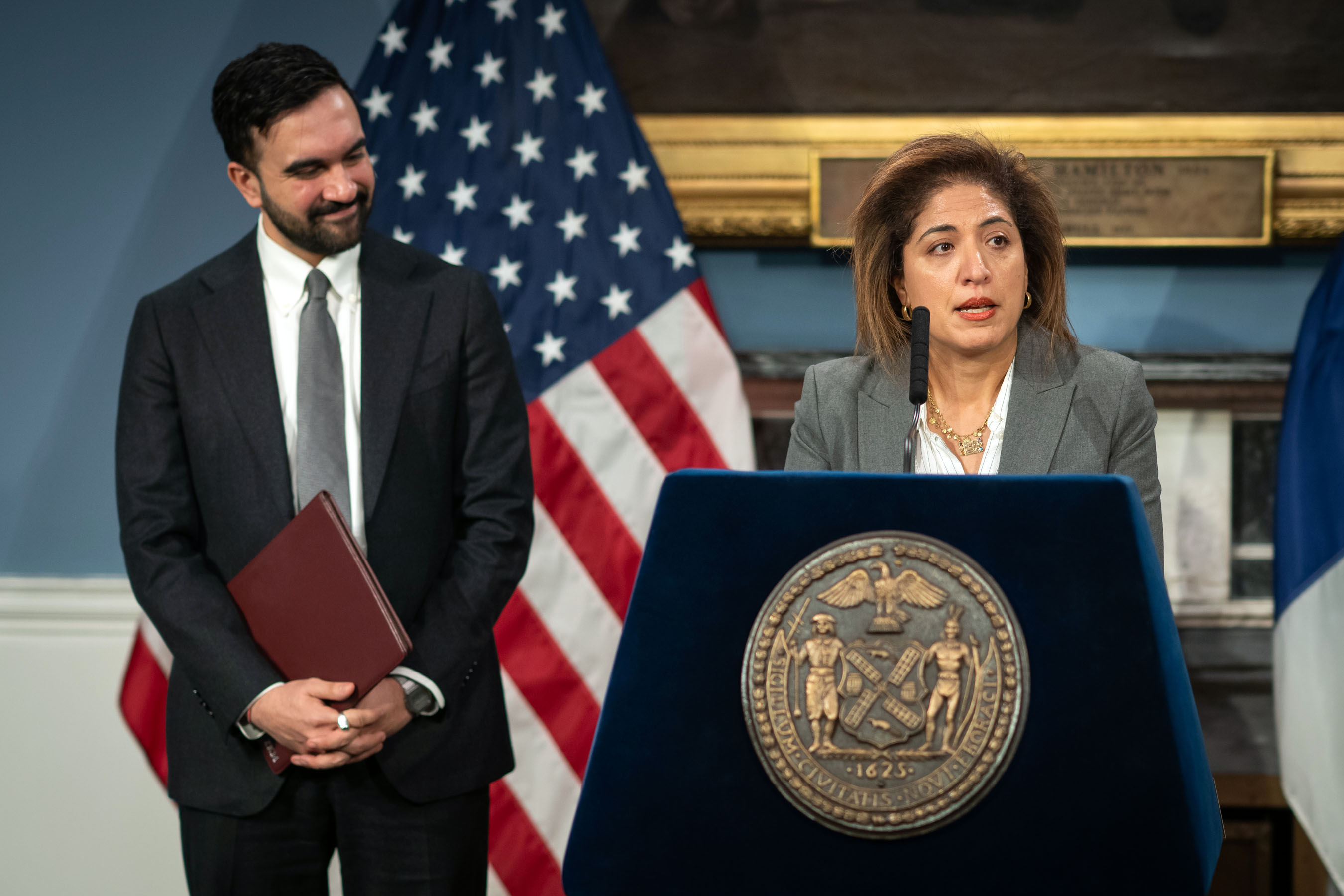 Mayor Zohran Mamdani announces his nomination of Nadia Shihata as Commissioner of the Department of Investigation at City Hall on Feb. 12, 2026. 