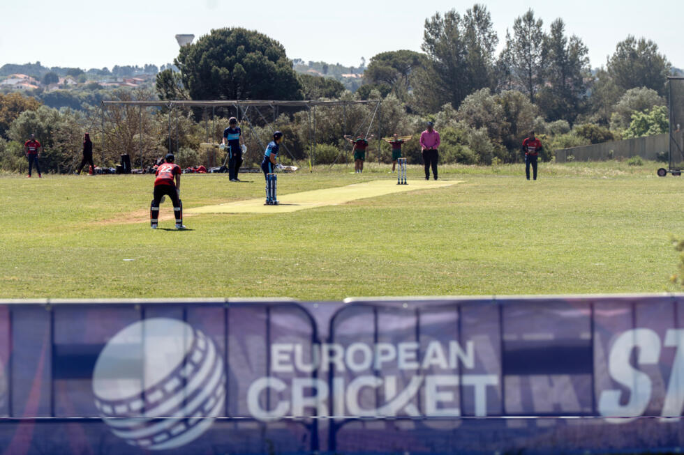 France Cricket players and European Cricket Network (ECN) hoardings at the Santarem Cricket Ground on April 5 2026