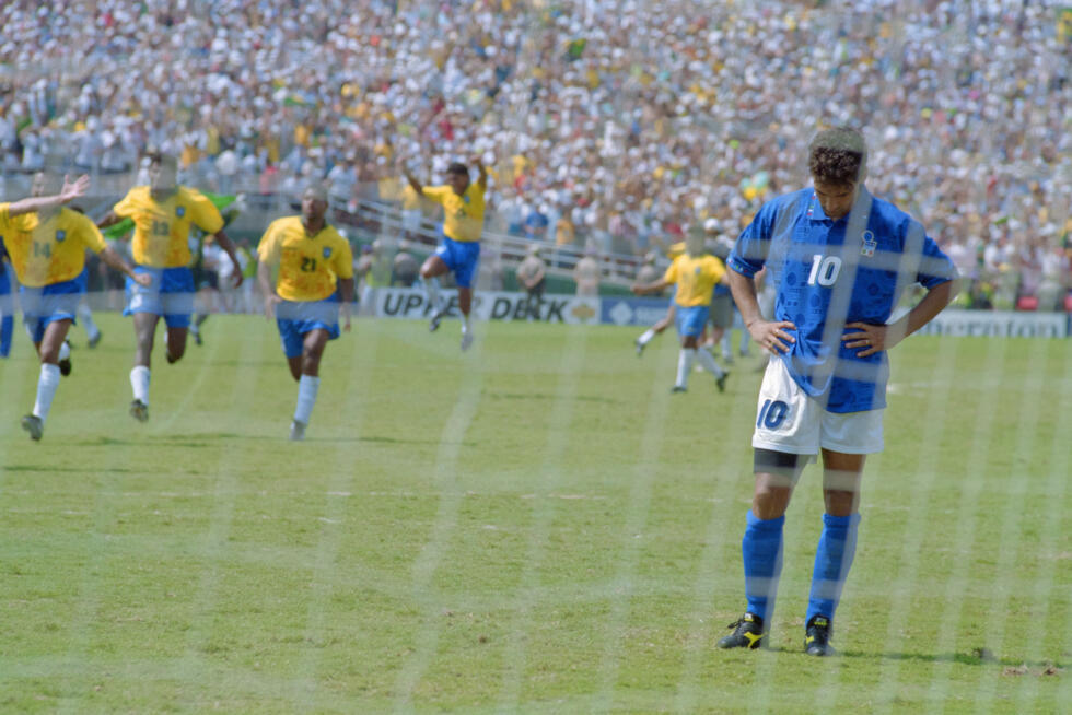 Italy's Roberto Baggio stands still, head down, after his fateful penalty miss in Pasadena.