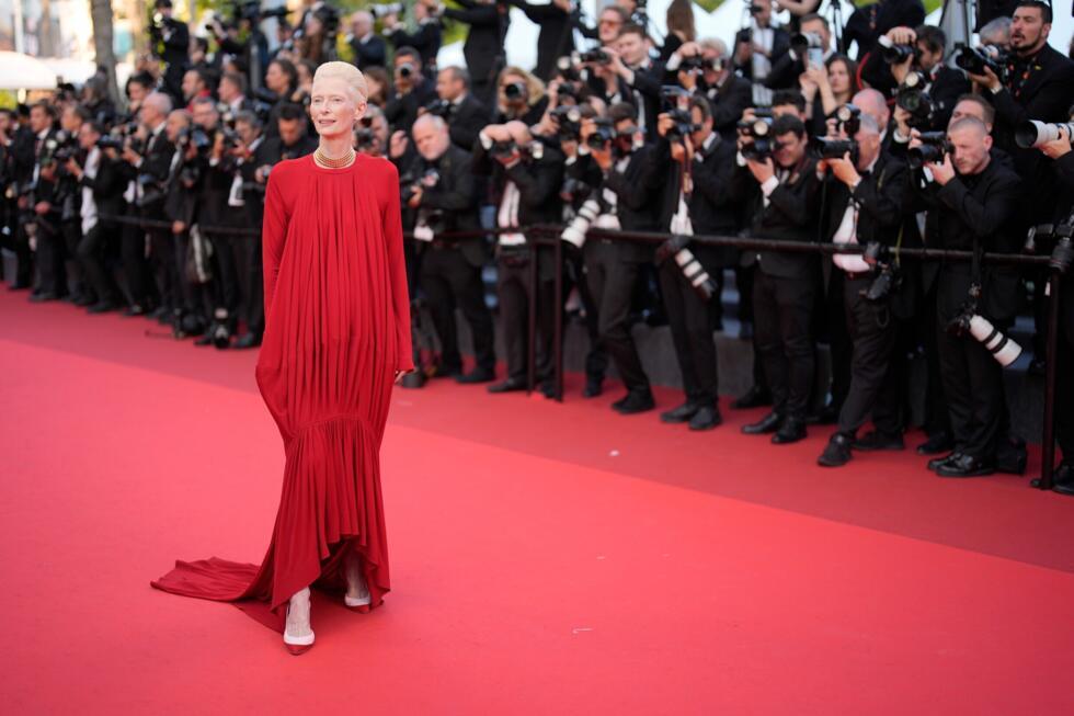 Tilda Swinton poses for photographers upon arrival at the awards ceremony during the 79th international film festival, Cannes, southern France