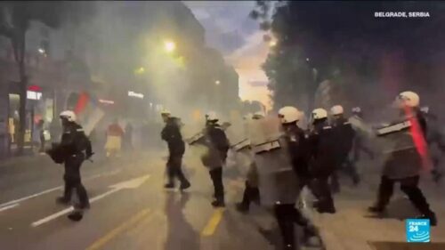 Protesters clash with police after an anti-government rally in Serbia’s capital