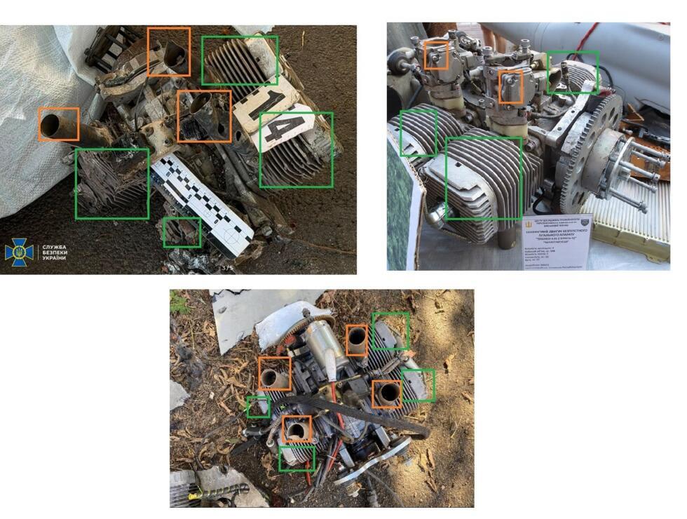 The top left image shows the photo published by the SBU on June 15, 2026, that supposedly shows an MD-550 motor from a Geran-2 drone found amidst the ruins of the cathedral. The images at the bottom and on the top right are photos of an MD-550 motor taken in 2022 and 2023.