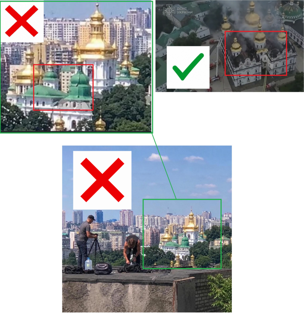 At left, we’ve zoomed in on the AI-generated photo to show the green roof of the cathedral. At right is a real image of the Dormition Cathedral, with its brown roof.