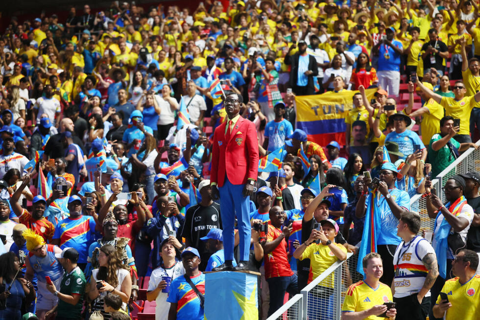 DR Congo fan Michel Nkuka Mboladinga, known as the "living statue" of independence hero Patrice Lumumba, pictured before the match.