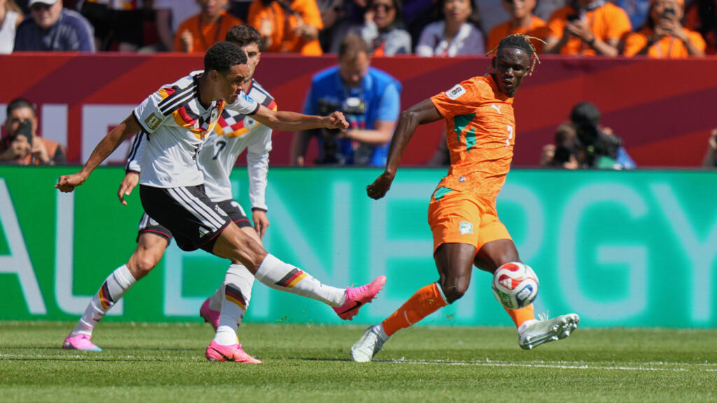 Germany's Jamal Musiala, takes a shot at goal during the World Cup Group E soccer match between Germany and Ivory Coast in Toronto, Saturday, June 20, 2026.