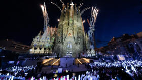 Fireworks explode during the inauguration of the Tower of Jesus Christ at the Basilica of the Sagrada Familia Pope Leo XIV's visit toBarcelona, ​​Spain, on June 10, 2026